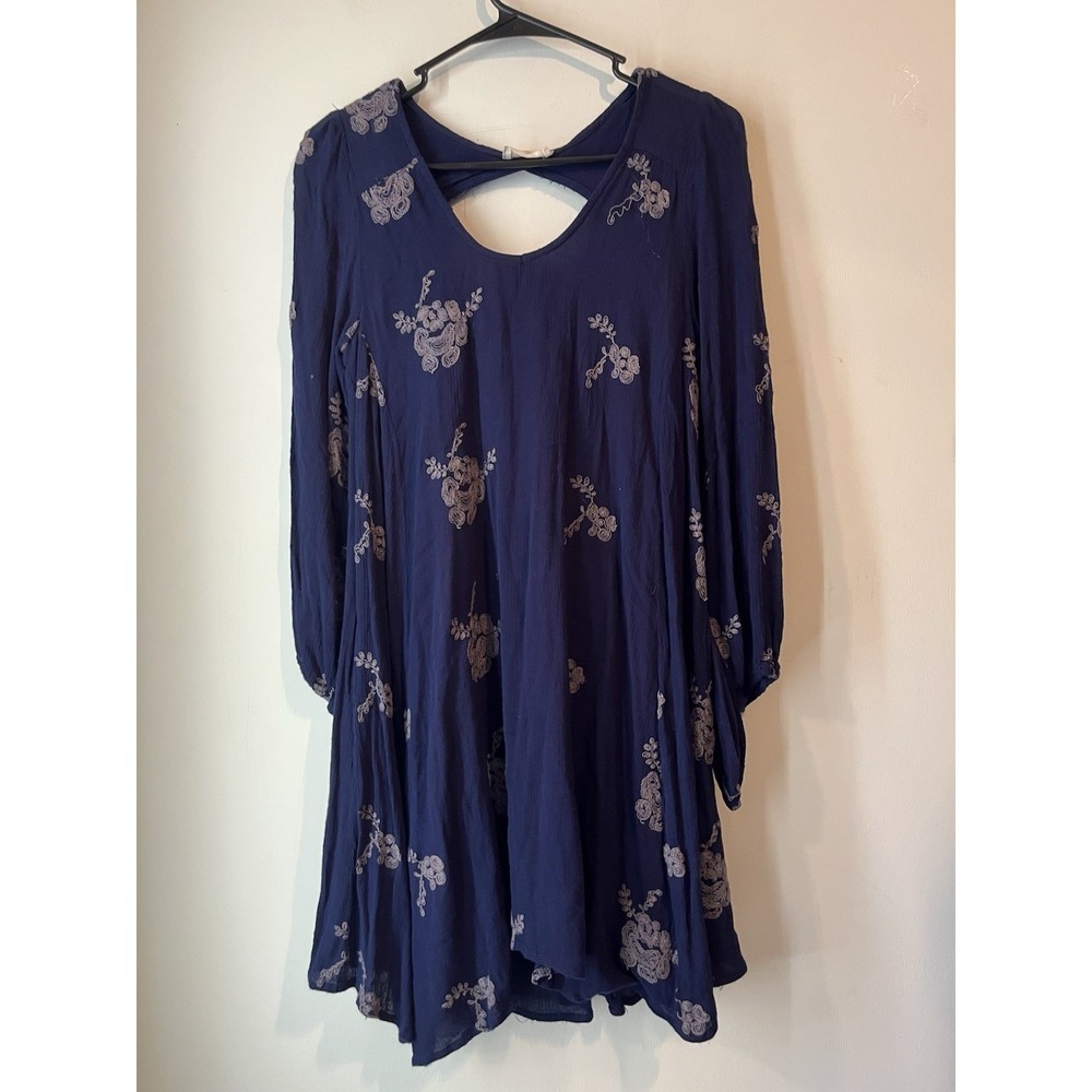 Altard State Boho Dress Blue Embroidered Size S Long Puff Sleeve Cutout Back